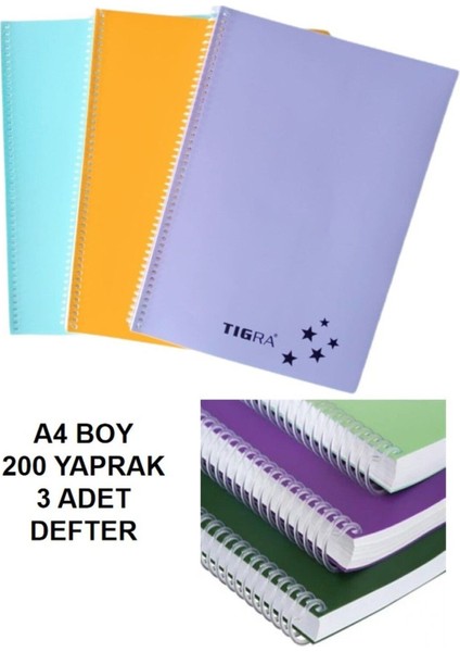 Tigra Plastik Kapak Spiralli A4 Boy 200 Yaprak Çizgili Defter 3 Adet