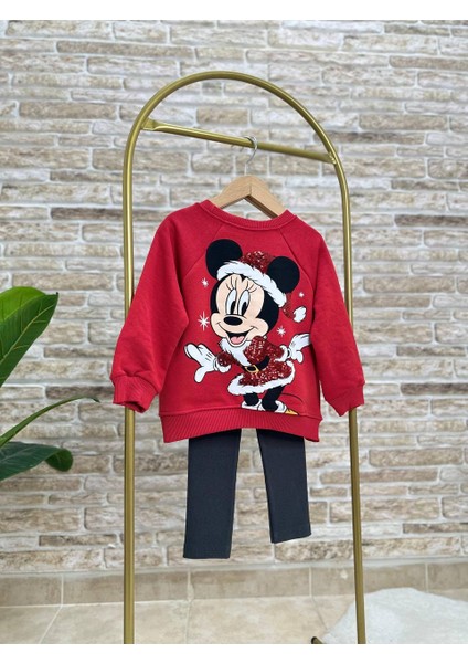 Ladin Store Yeni Sezon Kız Çocuk Minnie Mouse Baskılı Pamuklu 3 Iplik Şardonsuz Fitilli Yılbaşı Temalı Taytlı Alt-Üst Takım