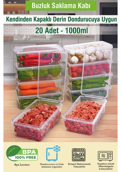 1 Litre 20 Adet Kendinden Kapaklı, Kilitli, Dondurucuya Uygun Saklama Kabı