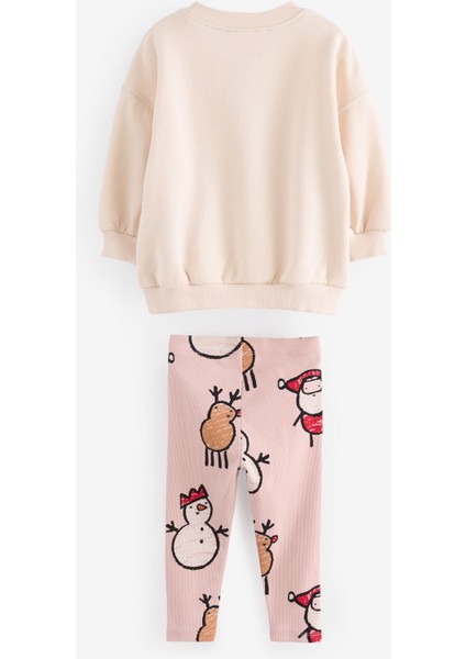 Yeni Sezon Kız Çocuk Yılbaşı Temalı Baskılı Pamuklu Sweatshirt Ve Fitilli Taytlı Alt-Üst Takım fiyatları