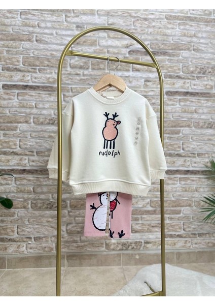 Yeni Sezon Kız Çocuk Yılbaşı Temalı Baskılı Pamuklu Sweatshirt Ve Fitilli Taytlı Alt-Üst Takım modelleri