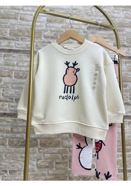 Yeni Sezon Kız Çocuk Yılbaşı Temalı Baskılı Pamuklu Sweatshirt Ve Fitilli Taytlı Alt-Üst Takım fırsatları