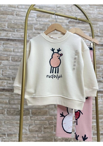 Ladin Store Yeni Sezon Kız Çocuk Yılbaşı Temalı Baskılı Pamuklu Sweatshirt Ve Fitilli Taytlı Alt-Üst Takım