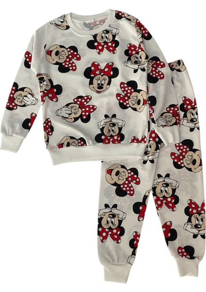 Kız Çocuk Pamuklu Beyaz Mickey Mouse Desen Pijama Takımı