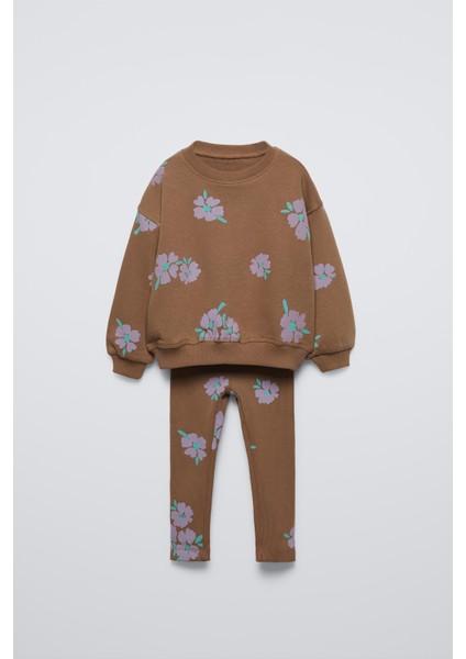 Yeni Sezon Kız Çocuk Pamuklu Çiçek Baskılı 3 Iplik Şardonsuz Sweatshirt Ve Fitilli Taytlı Takım