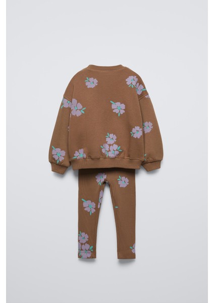 Yeni Sezon Kız Çocuk Pamuklu Çiçek Baskılı 3 Iplik Şardonsuz Sweatshirt Ve Fitilli Taytlı Takım fiyatları
