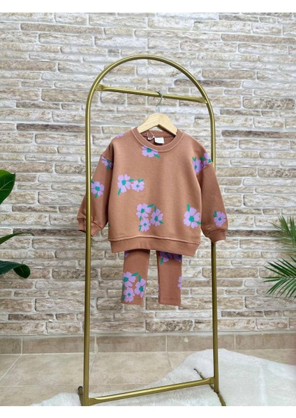Yeni Sezon Kız Çocuk Pamuklu Çiçek Baskılı 3 Iplik Şardonsuz Sweatshirt Ve Fitilli Taytlı Takım fırsatları