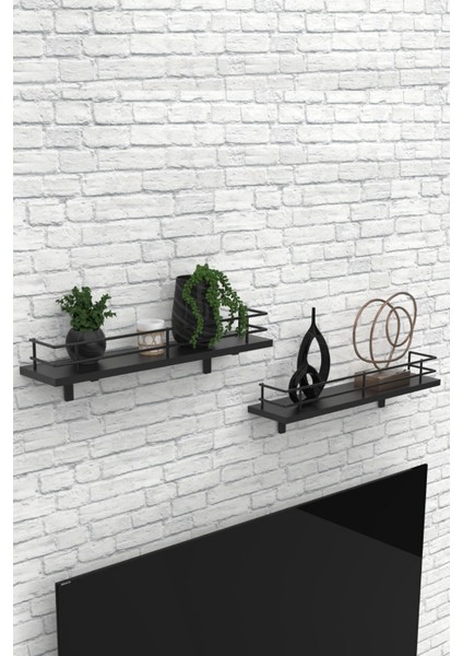 Modern Tasarımlı Metal Korkuluklu Ahşap Duvar Rafı Ikili