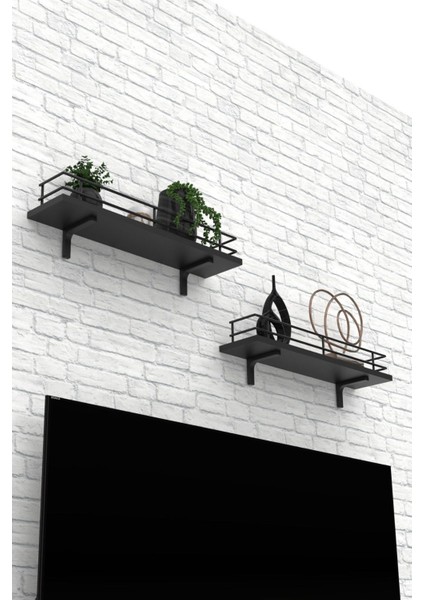 Modern Tasarımlı Metal Korkuluklu Ahşap Duvar Rafı Ikili fiyatları