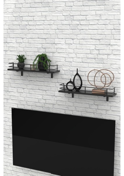 Modern Tasarımlı Metal Korkuluklu Ahşap Duvar Rafı Ikili modelleri