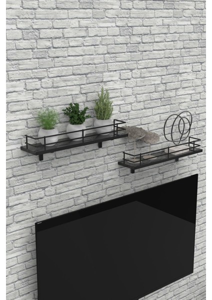 Modern Tasarımlı Metal Korkuluklu Ahşap Duvar Rafı Ikili fırsatları