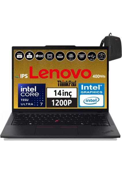 Thinkpad T14 Gen5 Ultra 7 155U 64GB Ddr5 512GB SSD 14" Wuxga 400NİTS IPS Freedos Taşınabilir Bilgisayar W21ML008MTX17+ZETTAÇANTA