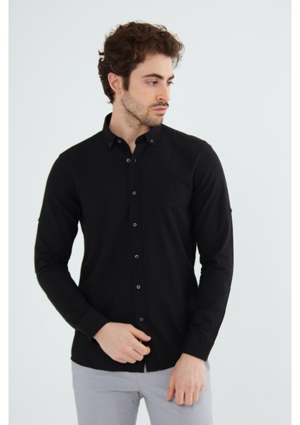 Erkek Slim Fit Dar Kesim Düğmeli Yaka Keten Görünümlü %100 Pamuk Flamlı Gömlek Düz Renkler Seçenekleri