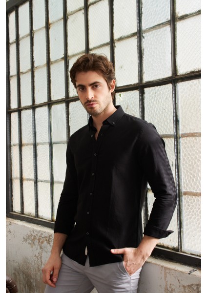 Erkek Slim Fit Dar Kesim Düğmeli Yaka Keten Görünümlü %100 Pamuk Flamlı Gömlek Düz Renkler Seçenekleri fırsatları