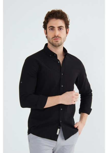 Erkek Slim Fit Dar Kesim Düğmeli Yaka Keten Görünümlü %100 Pamuk Flamlı Gömlek Düz Renkler Seçenekleri