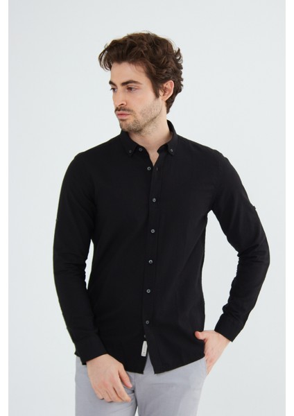 Erkek Slim Fit Dar Kesim Düğmeli Yaka Keten Görünümlü %100 Pamuk Flamlı Gömlek Düz Renkler Seçenekleri