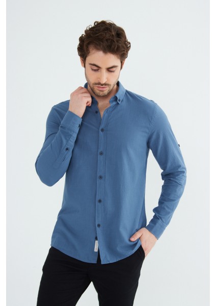 Erkek Slim Fit Dar Kesim Düğmeli Yaka Keten Görünümlü %100 Pamuk Flamlı Gömlek Düz Renkler Seçenekleri