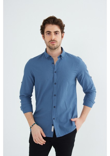 Erkek Slim Fit Dar Kesim Düğmeli Yaka Keten Görünümlü %100 Pamuk Flamlı Gömlek Düz Renkler Seçenekleri modelleri