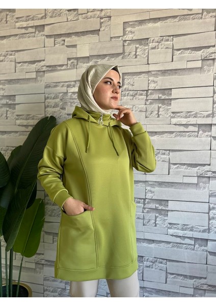 Boğazı Fermuar Detaylı Sweat Yağ Yeşili