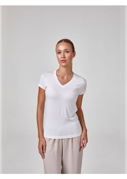 Kadın Kısa Kollu V Yaka Body T-Shirt Fit Kalıp