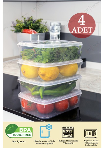 4 Adet 1,35 Lt Bpa Içermeyen Şeffaf Buzdolabı ve Buzluk Saklama Kabı