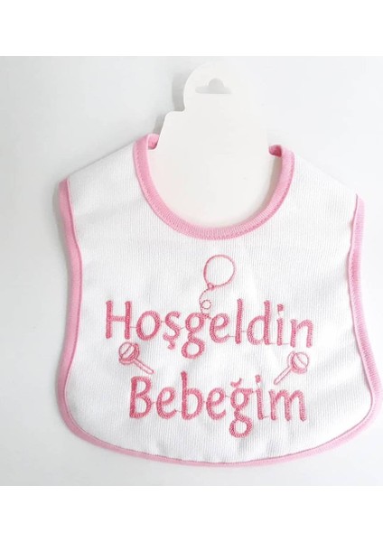 Hoşgeldin Bebeğim Yazılı Pembe Biyeli Su Geçirmez Kız Bebek Önlük