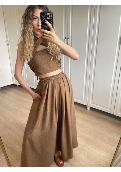 Kahverengi Beli Lastikli Etek ve Boyundan Bağlamalı Crop