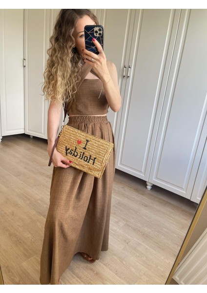 Kahverengi Beli Lastikli Etek ve Boyundan Bağlamalı Crop