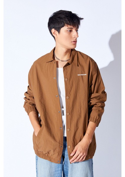 Kahve Paraşüt Kumaş Baskılı Çıtçıtlı Yağmur Geçirmez Oversize Mont | EE1000345791