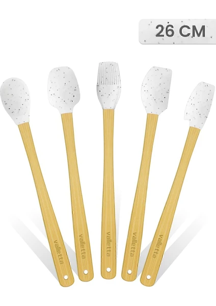 valletta Indigo 5'li Beyaz Noktalı Bambu Silikon Spatula Seti Uzun 26 Cm