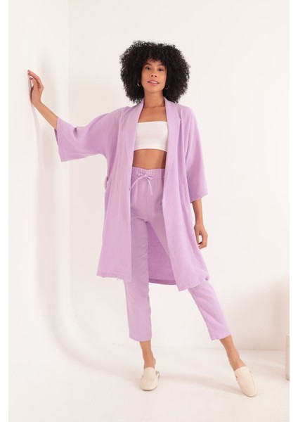 Müslin Kumaş Oversize Kadın Kimono-Lila