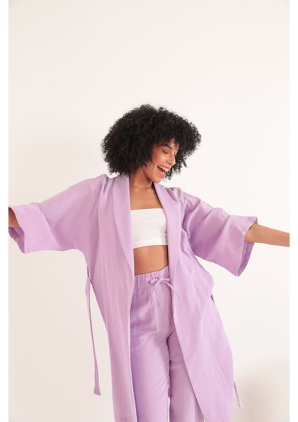 Müslin Kumaş Oversize Kadın Kimono-Lila