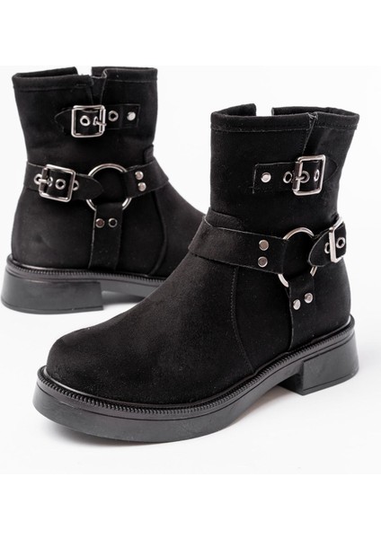 Siyah Süet Toka Aksesuarlı Fermuarlı Günlük Kadın Bot