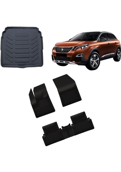 Peugeot 3008 2016+ 4.5D Havuzlu Paspas ve Rizline 3D Bagaj Havuzu Alt Konum Siyah