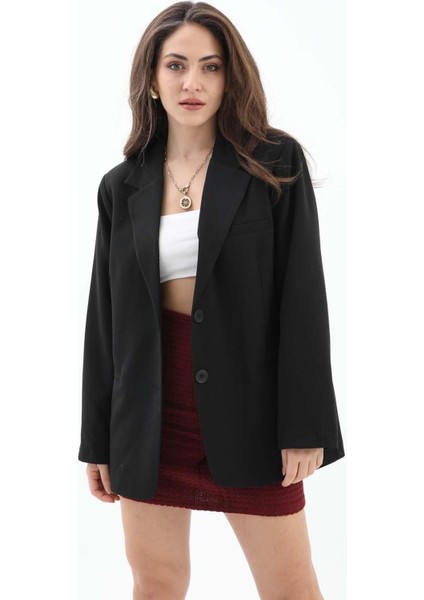 Kadın Kruvaze Yaka Oversize Blazer Ceket - Siyah