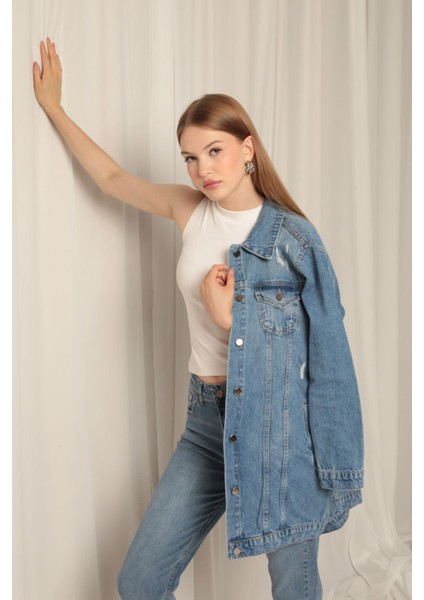 Denim Kumaş Uzun Kadın Mavi Kot Ceket