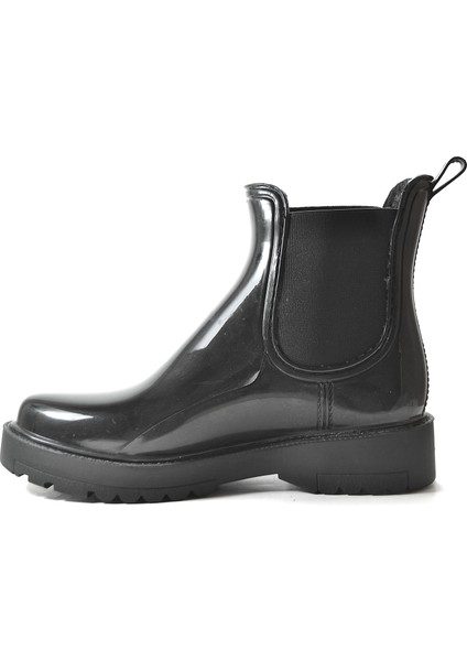 RN.112 Siyah Bej Lastikli Plastik Su Geçirmez Kadın Yağmur Bot