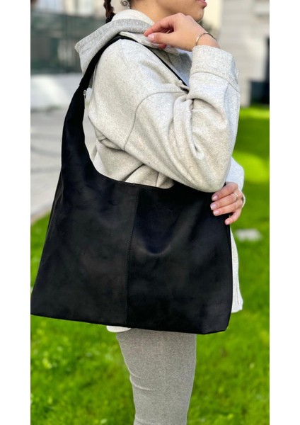 Byeduu Siyah Büyük Boy Süet Omuz Çantası