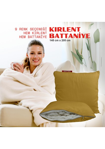 Tv Battaniye Yastık Battaniye Kırlent-Welsoft Battaniye- Yolculuk Yastığı- Uçak Yastığı 145X205 Hardal