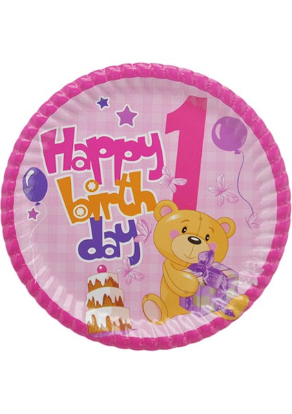 Tabak Karton 1 Yaş Happy Birthday Ayıcıklı 23 cm (8 Adet) Pembe