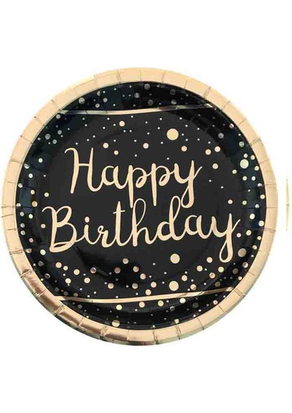 Karton Tabak Parlak Altın Varak Baskılı Happy Birthday (6 Adet) Siyah
