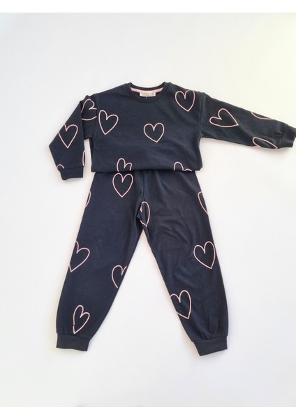 Çocuk Siyah Kalpli Pijama Takımı