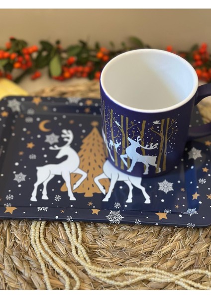 Yılbaşı Ve Geyik Temalı Kupa Bardak Ve Mini Sunum Tepsisi