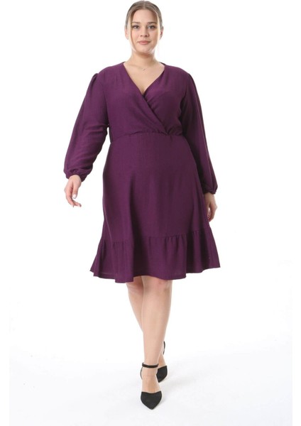 Kadın Mor Kruvaze Yaka Balon Kol Büyük Beden Esnek Elbise
