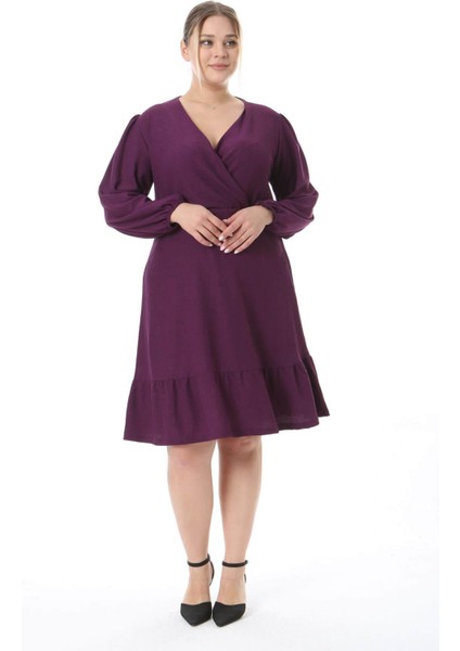 Kadın Mor Kruvaze Yaka Balon Kol Büyük Beden Esnek Elbise fiyatları