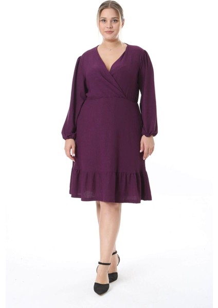 Kadın Mor Kruvaze Yaka Balon Kol Büyük Beden Esnek Elbise modelleri
