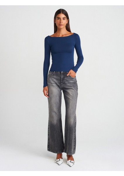 31332 Kayık Yaka Uzun Kollu Top-Lacivert modelleri