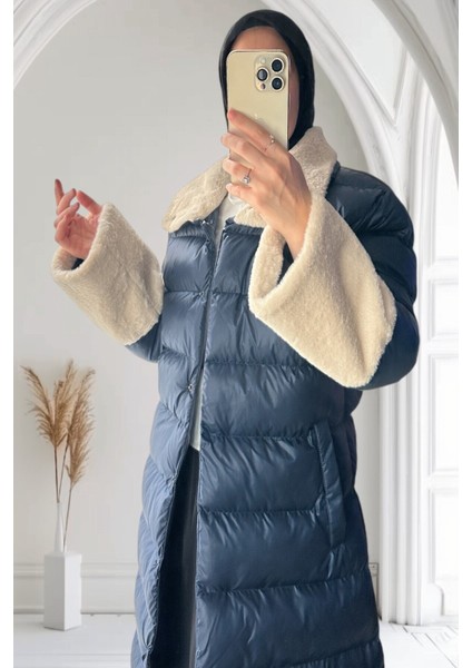 Kürklü Astarlı Uzun Şişme Kadın Mont Kaban