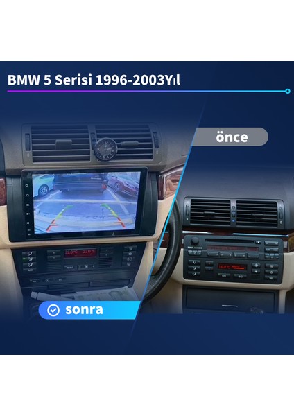 Bmw E39 (1996-2003)Android Sürüm 13 Kablosuz Carplay Navigasyon Multimedya 9 Inç Ekran 4G Ram + 64GB Hafıza Navigasyon Cihazı Çerçeve ve arka görüş kamerası ile