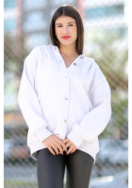 Kadın Kar Melanj Düğmeli Kapüşonlu Çift Cepli Oversize 3İp Sweatshirt - 2564